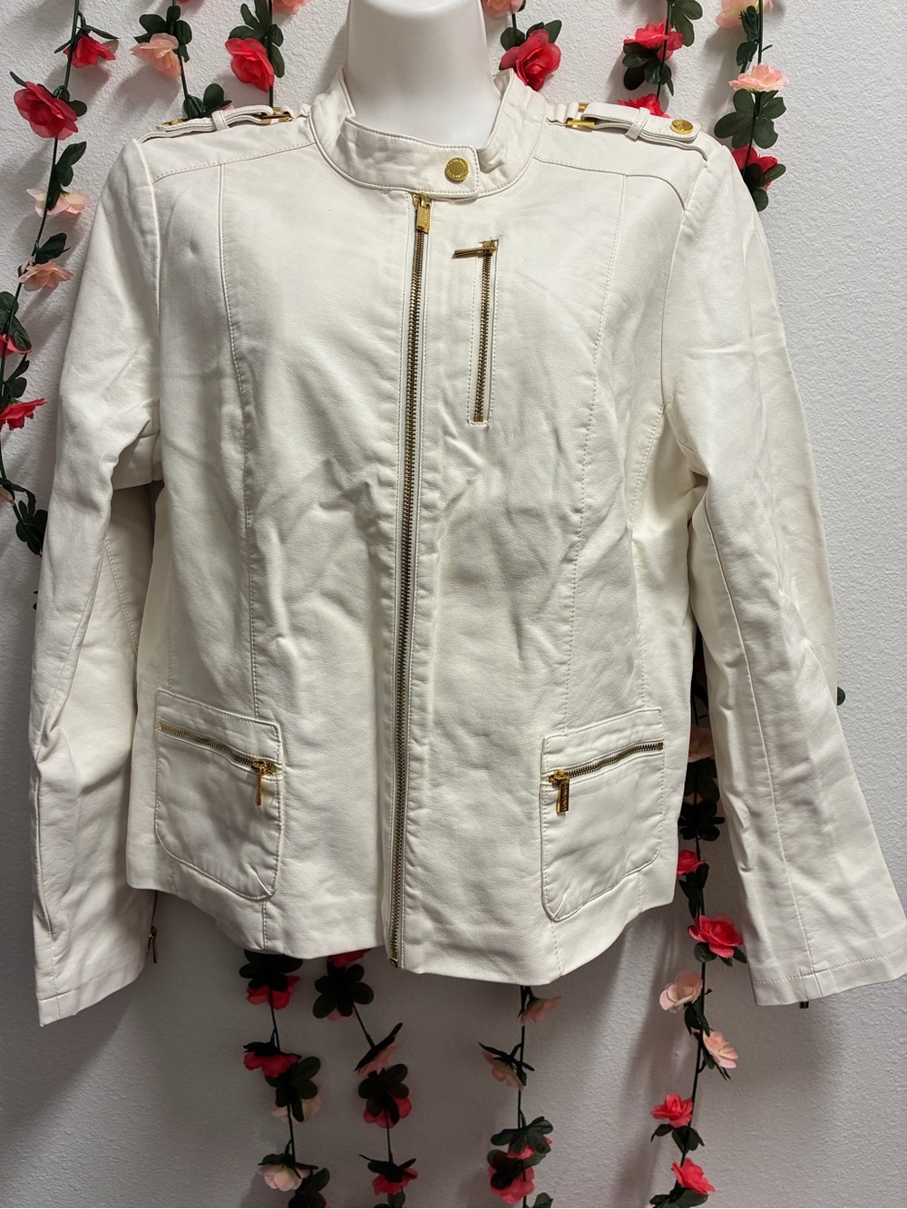 Calvin Klein Off-White Moto Jacket with Gold Hardware